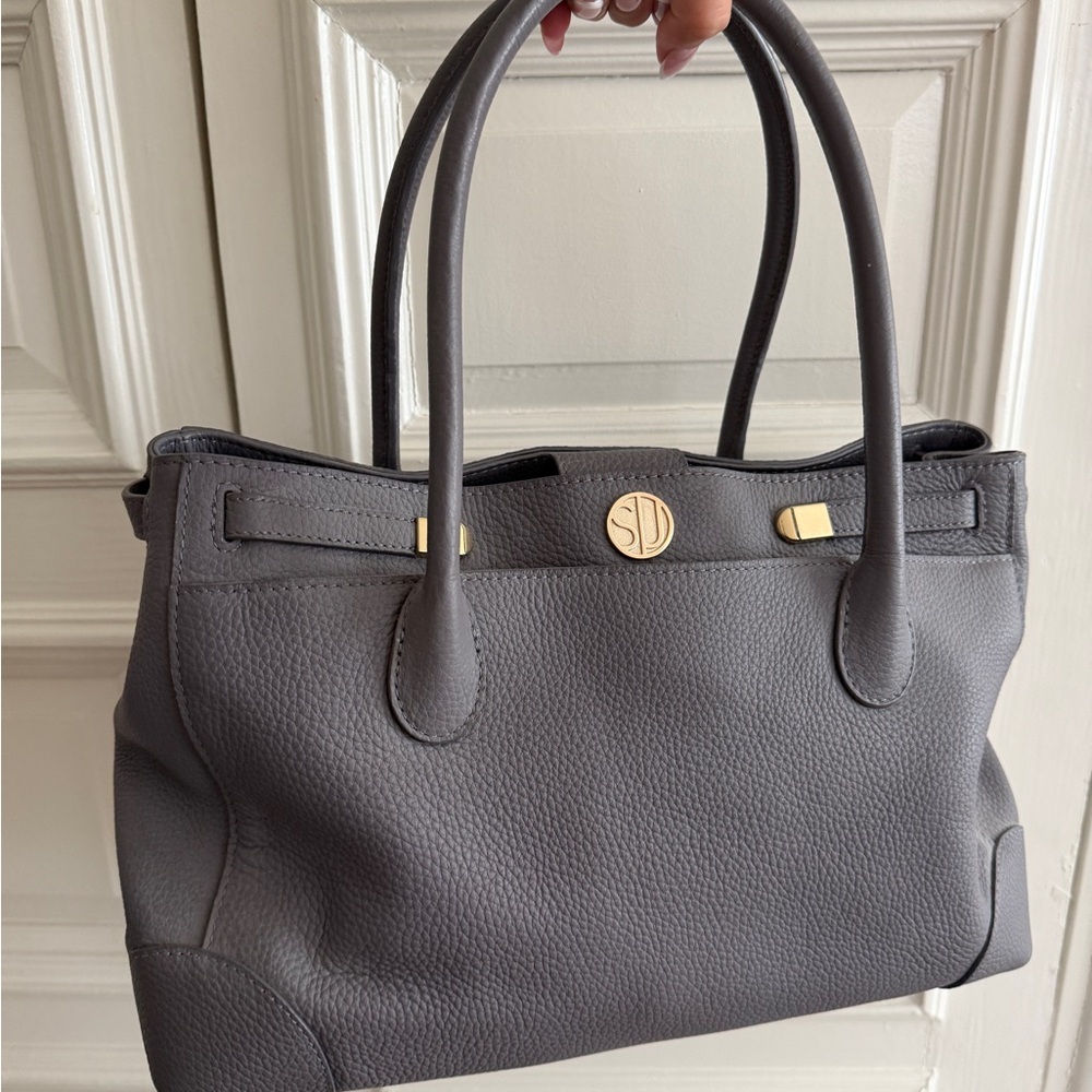 Grey Leather Tote Handbag with Gold Accents